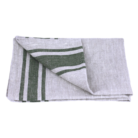 Linen Hand Towel - Stonewashed - Grey with Forest Green Stripes - Luxury Thick Linen