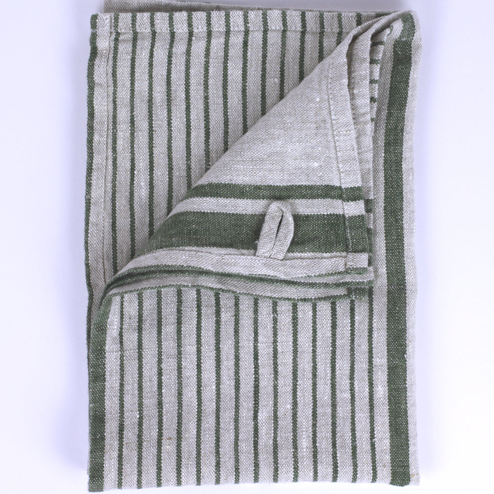 Linen Hand Towel - Stonewashed - Grey with Forest Green Stripes 2 - Luxury Thick Linen