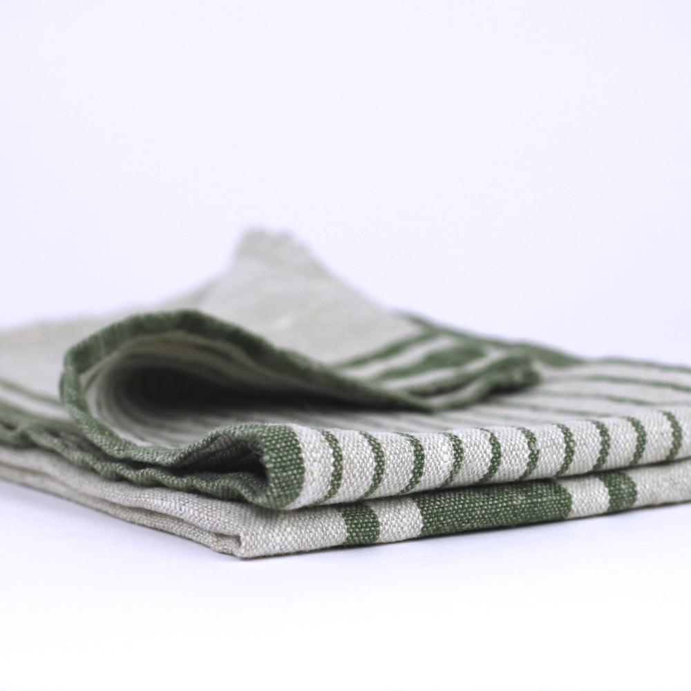 Linen Hand Towel - Stonewashed - Grey with Forest Green Stripes 2 - Luxury Thick Linen