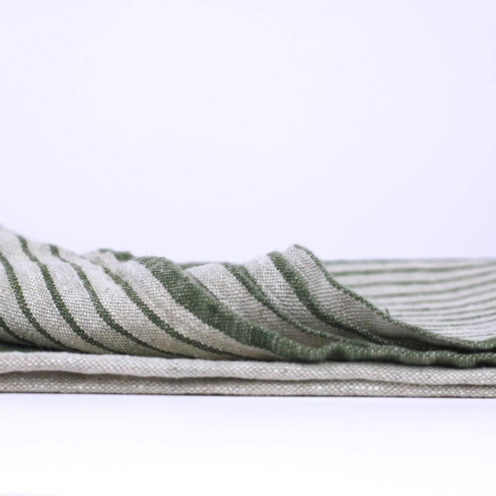 Linen Hand Towel - Stonewashed - Grey with Forest Green Stripes 2 - Luxury Thick Linen