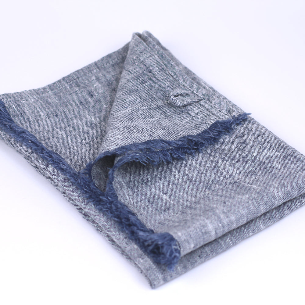 Linen Hand Towel - Stonewashed - Heather Blue with Frayed Edges -  Luxury Thick Linen