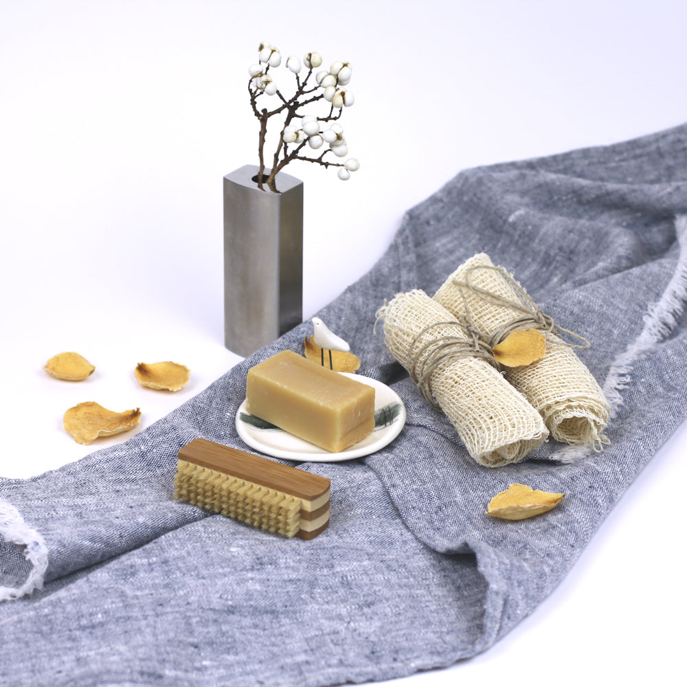 Linen Hand Towel - Stonewashed - Heather Blue with Frayed Edges -  Luxury Thick Linen