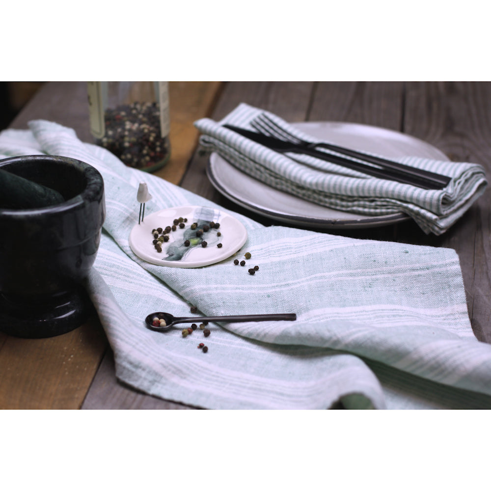 Linen Hand Towel - Stonewashed - Heather Light Green with White Stripes - Luxury Thick Linen