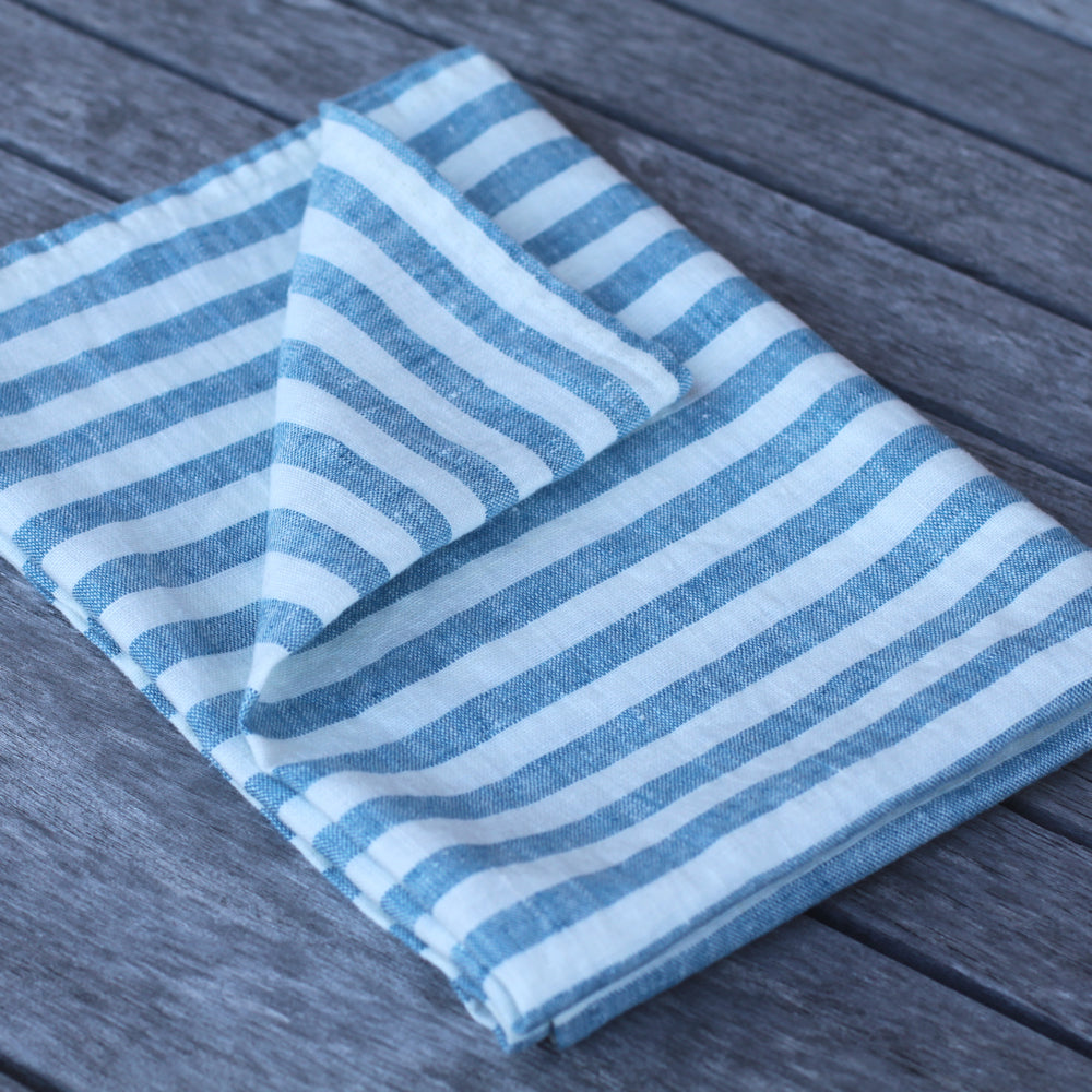 Linen Kitchen Towel - Stonewashed - Marine Blue White Medium Stripes - Thin Linen