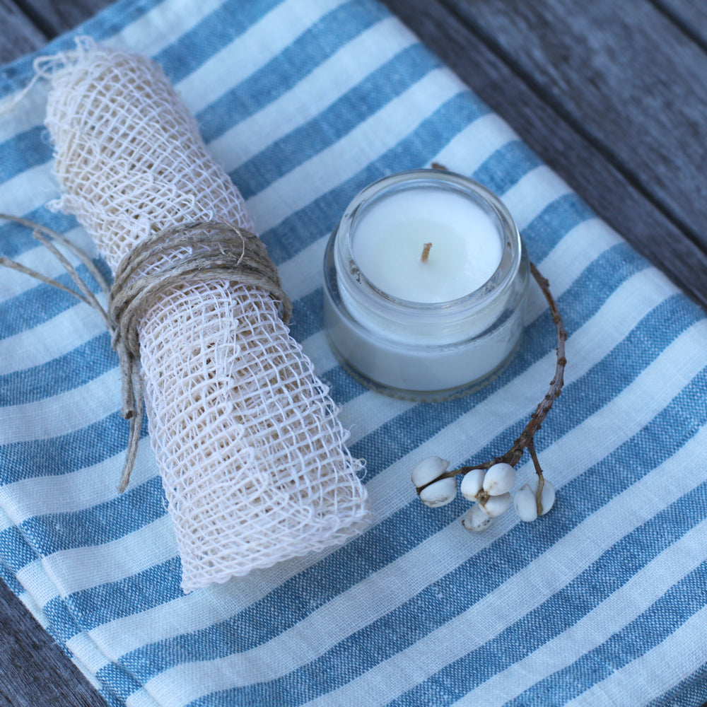 Linen Kitchen Towel - Stonewashed - Marine Blue White Medium Stripes - Thin Linen
