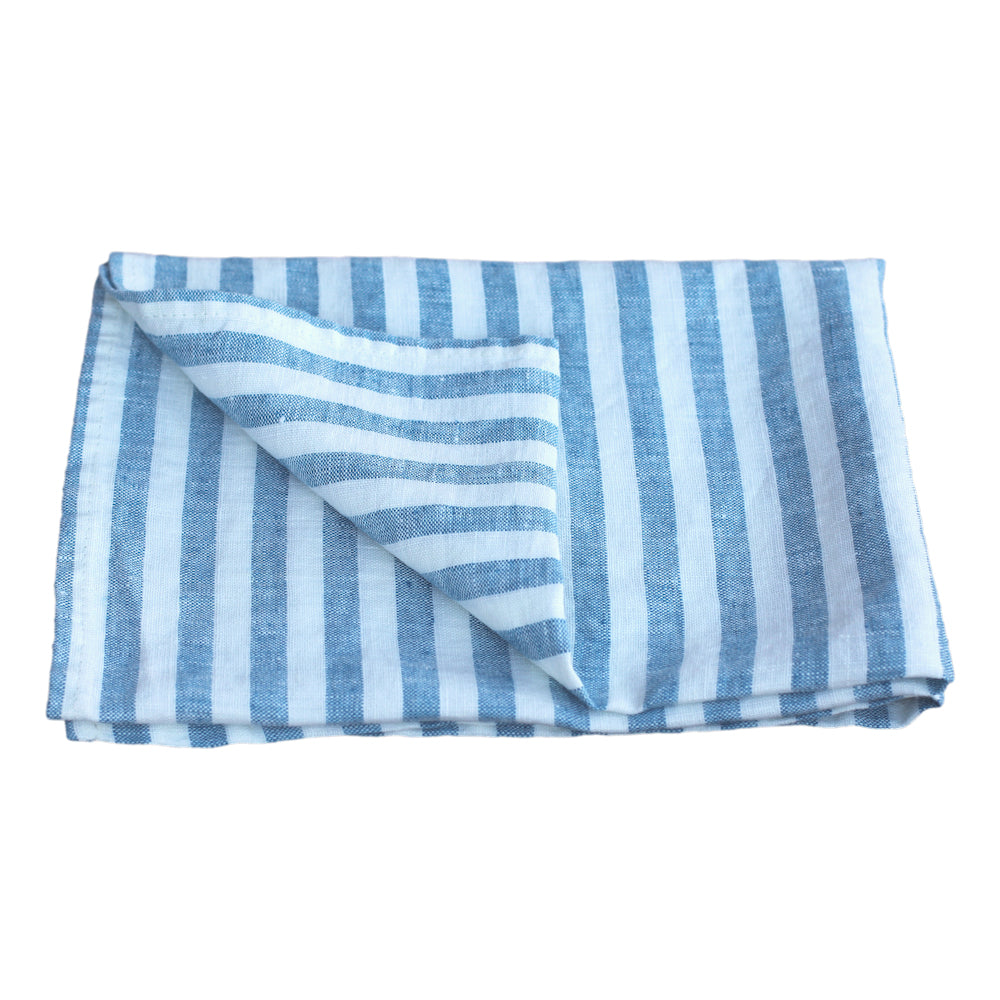 Linen Kitchen Towel - Stonewashed - Marine Blue White Medium Stripes - Thin Linen