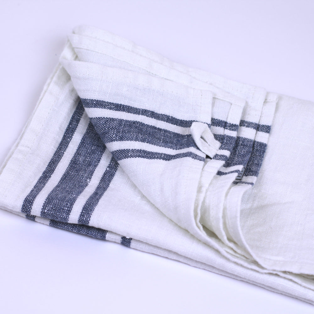 Linen Hand Towel - Stonewashed - White with Blue Stripes - Luxury Thick Linen
