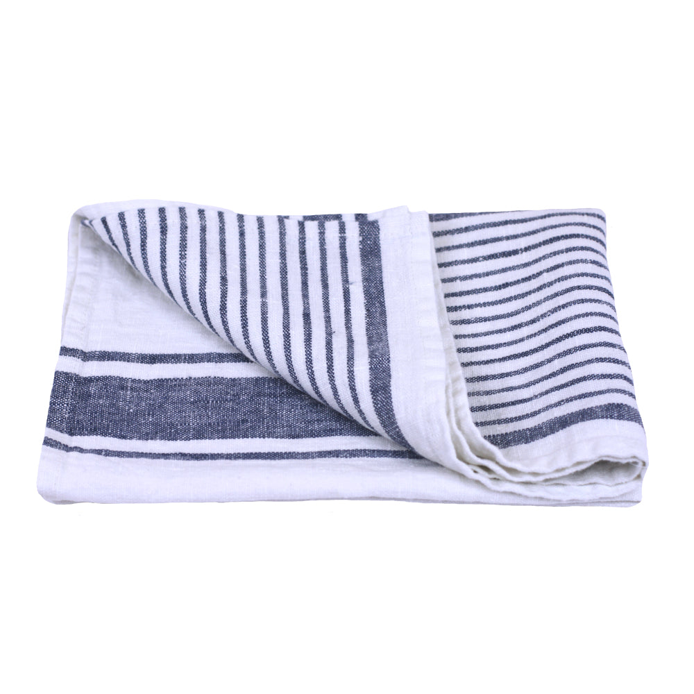 Linen Hand Towel - Stonewashed - Heather Light Blue with White Stripes -  Luxury Thick Linen