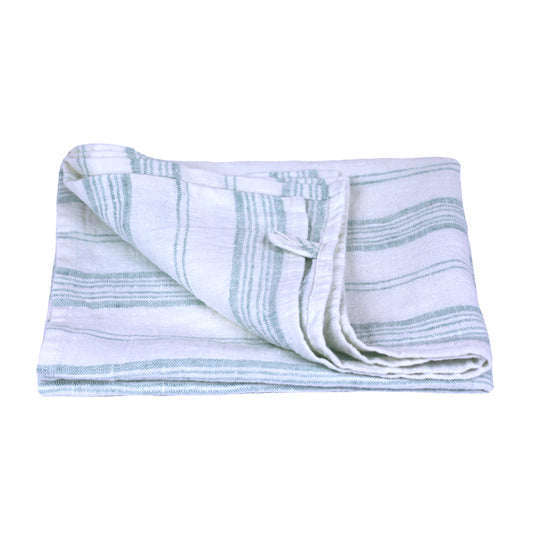 Linen Hand Towel - Stonewashed - White with Light Green  Stripes - Luxury Thick Linen