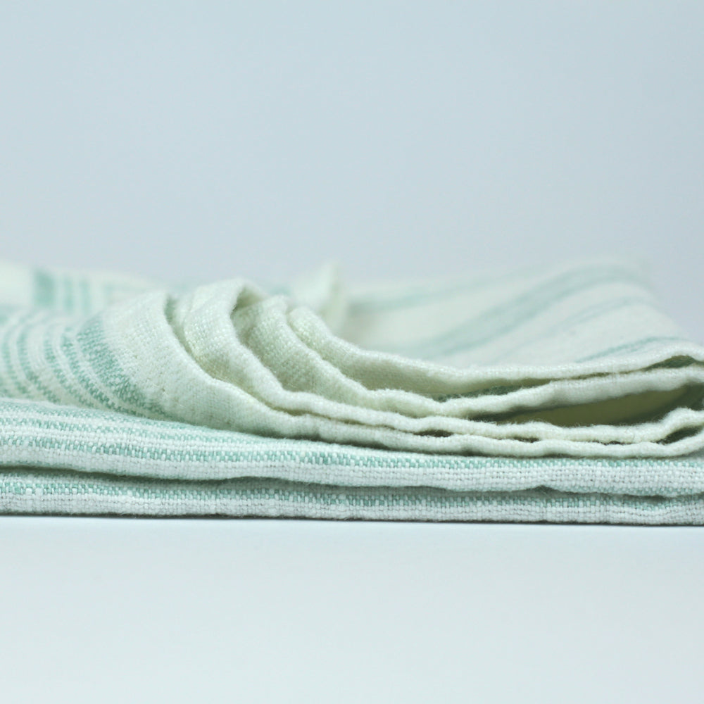 Linen Hand Towel - Stonewashed - White with Light Green  Stripes - Luxury Thick Linen