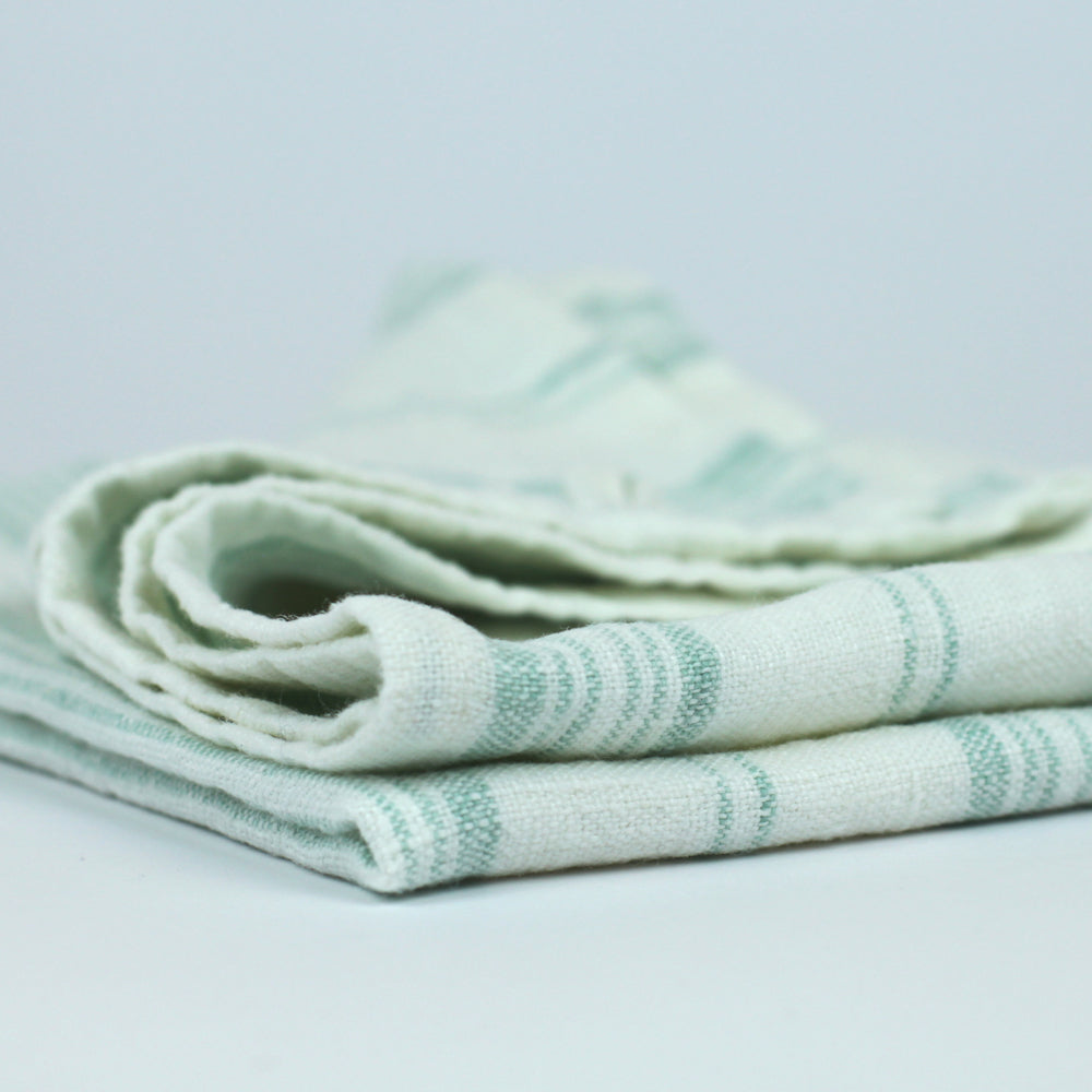 Linen Hand Towel - Stonewashed - White with Light Green  Stripes - Luxury Thick Linen