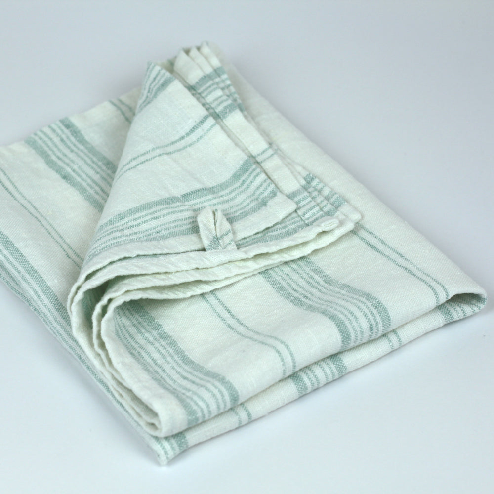 Linen Hand Towel - Stonewashed - White with Light Green Stripes - Luxury Thick Linen