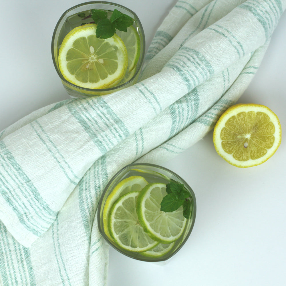 Linen Hand Towel - Stonewashed - White with Light Green Stripes - Luxury Thick Linen