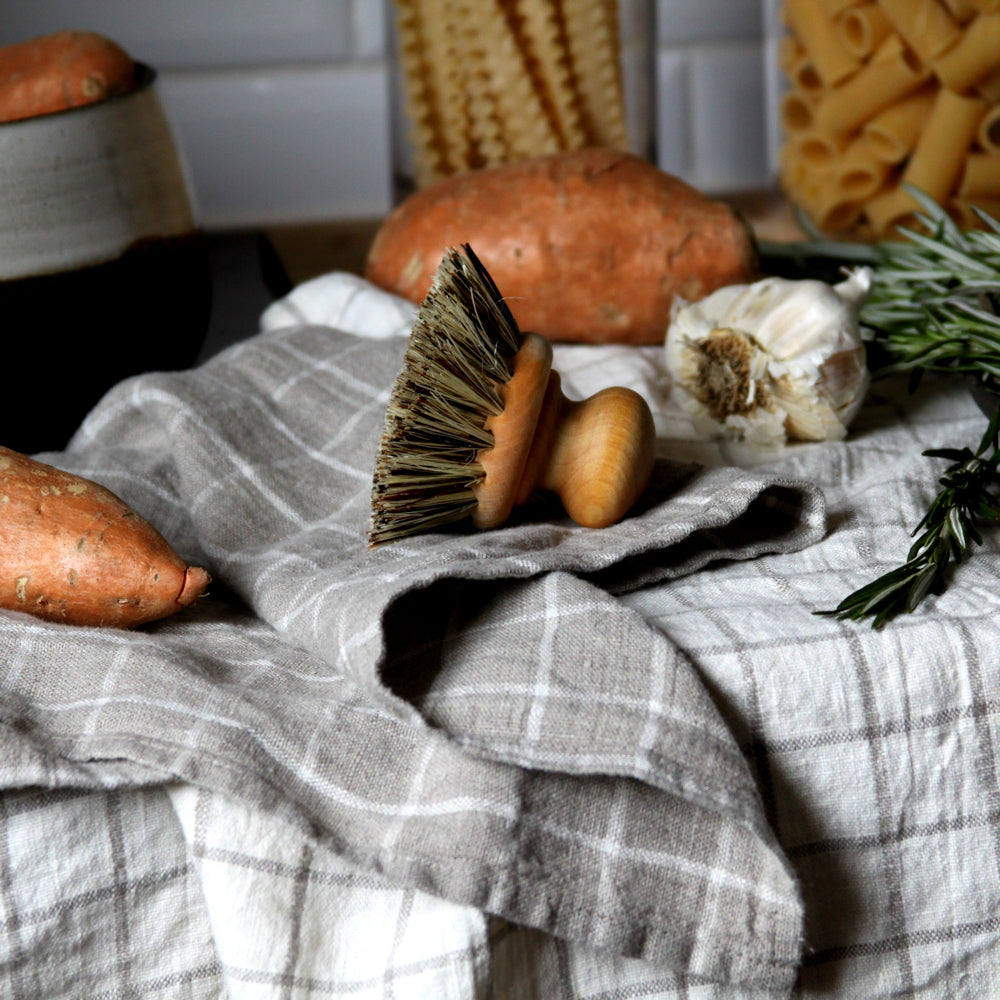 Linen Hand Towel - Stonewashed - Off White with Natural Squares - Medium Thick Linen