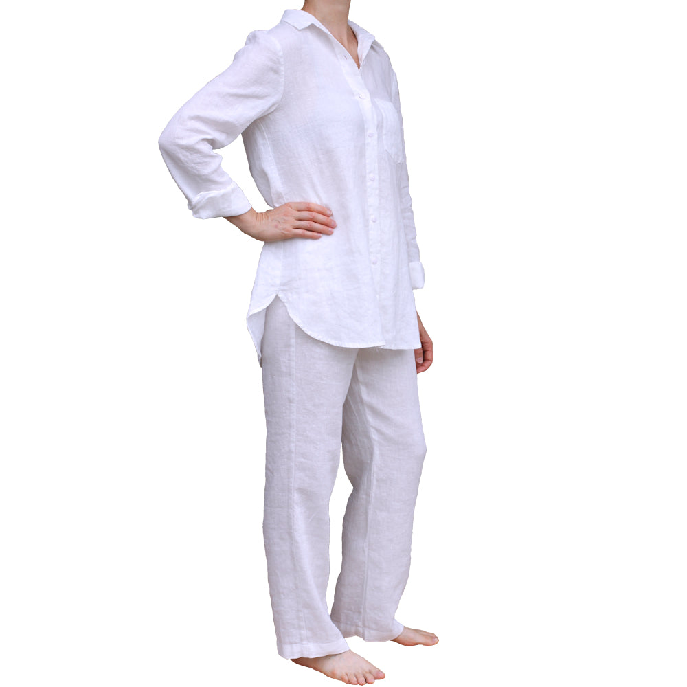 Linen Loungewear - Shirt and Pants - White - Luxury Thin Linen