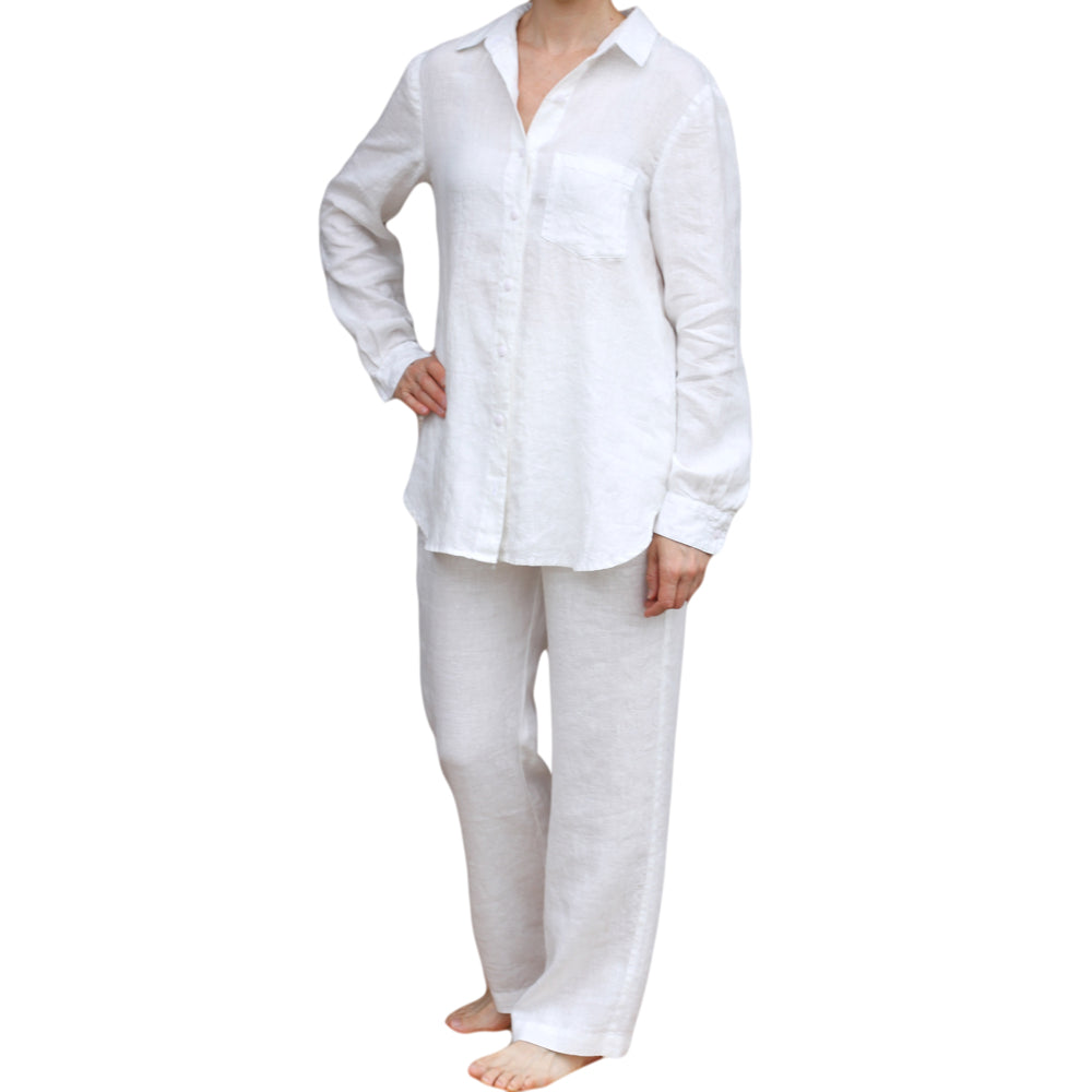 Linen Loungewear - Shirt and Pants - White - Luxury Thin Linen