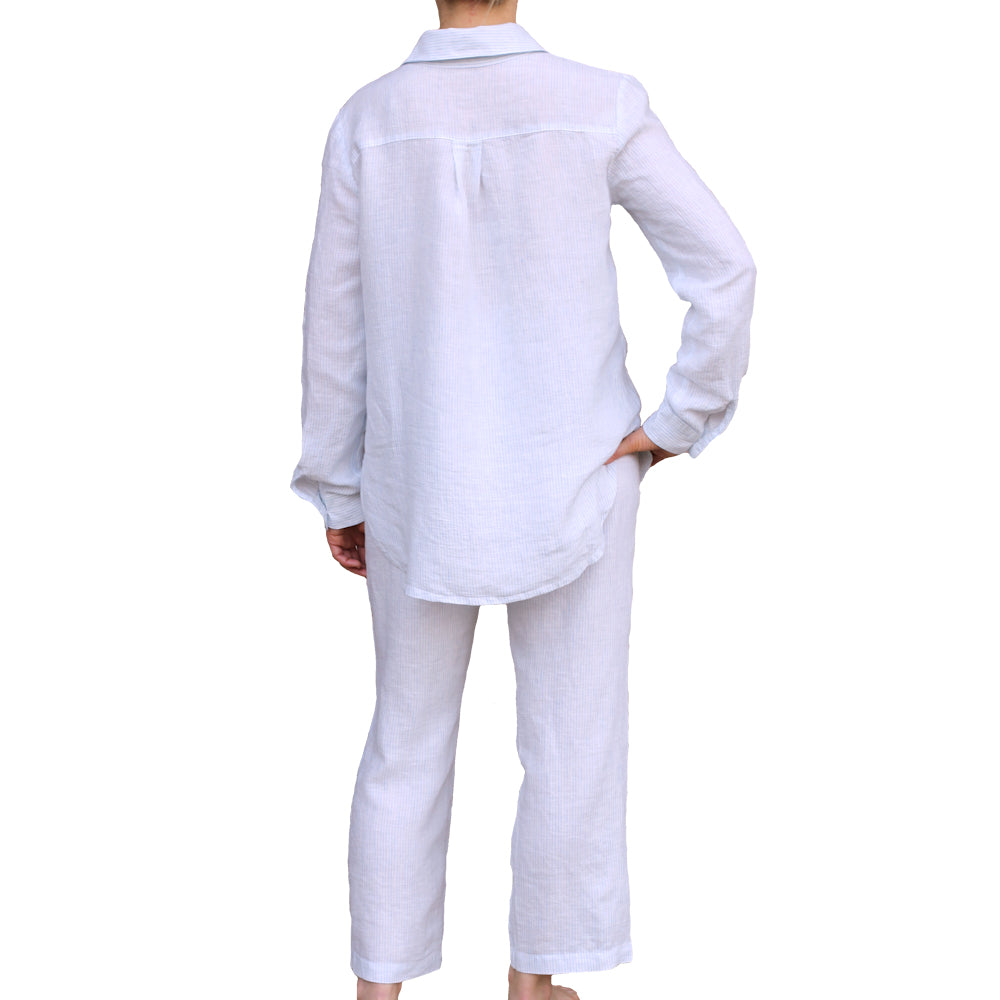 Linen Loungewear - Shirt and Pants - White with Light Blue Pin Stripes - Luxury Thin Linen