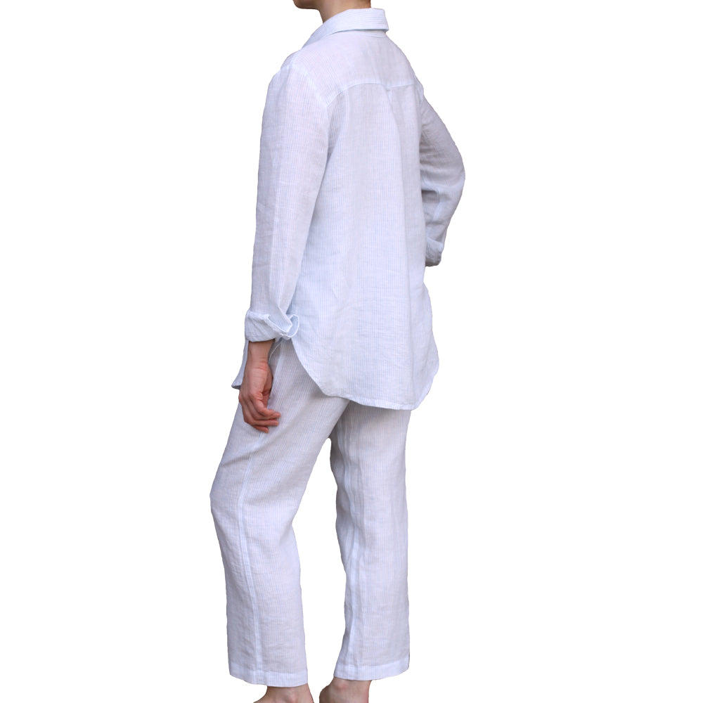 Linen Loungewear - Shirt and Pants - White with Light Blue Pin Stripes - Luxury Thin Linen