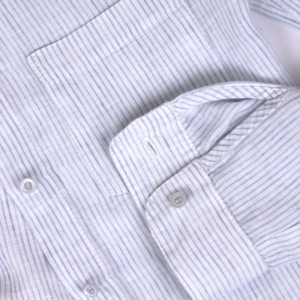 Linen Loungewear - Shirt and Pants - White with Light Blue Pin Stripes - Luxury Thin Linen