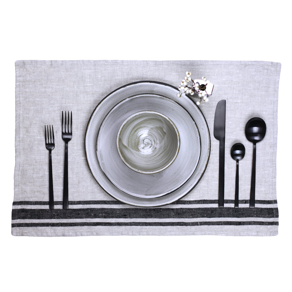 Linen Placemat - Stonewashed - Grey with Black Stripes - Luxury Thick Linen