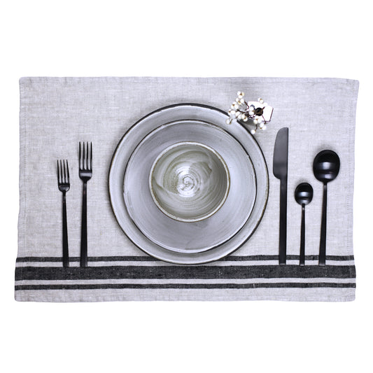 Linen Placemat - Stonewashed - Grey with Black Stripes - Luxury Thick Linen
