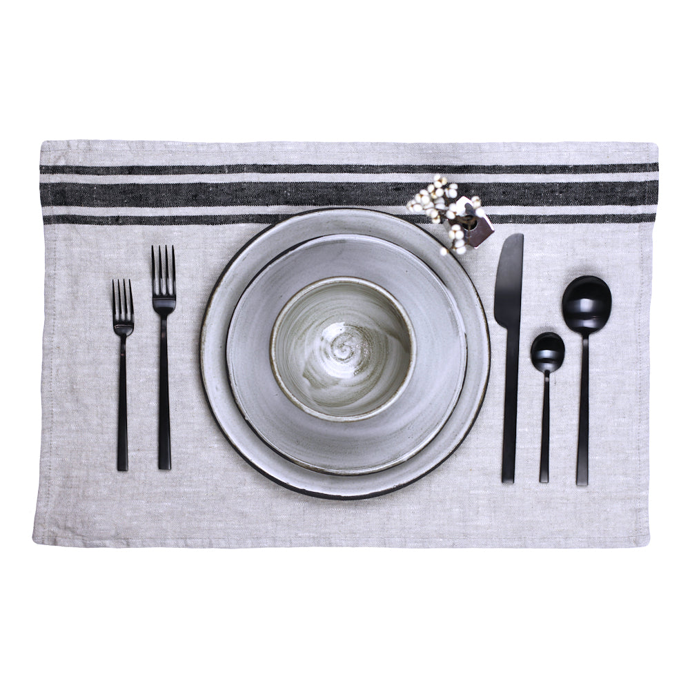 Linen Placemat - Stonewashed - Grey with Black Stripes - Luxury Thick Linen