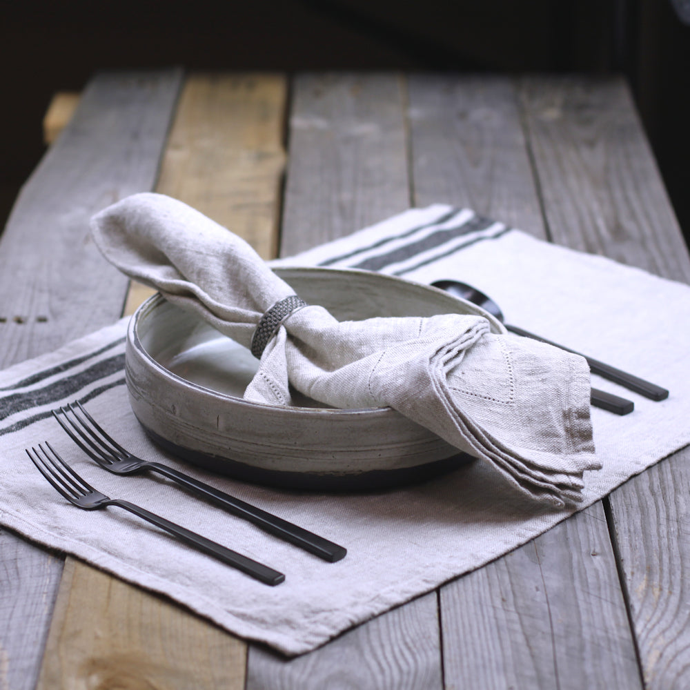 Linen Placemat - Stonewashed - Grey with Black Stripes - Luxury Thick Linen