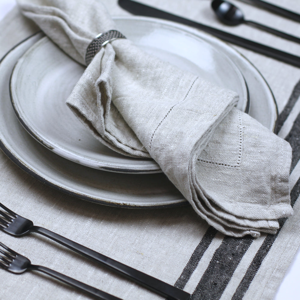Linen Placemat - Stonewashed - Grey with Black Stripes - Luxury Thick Linen