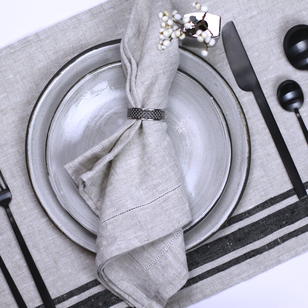 Linen Placemat - Stonewashed - Grey with Black Stripes - Luxury Thick Linen
