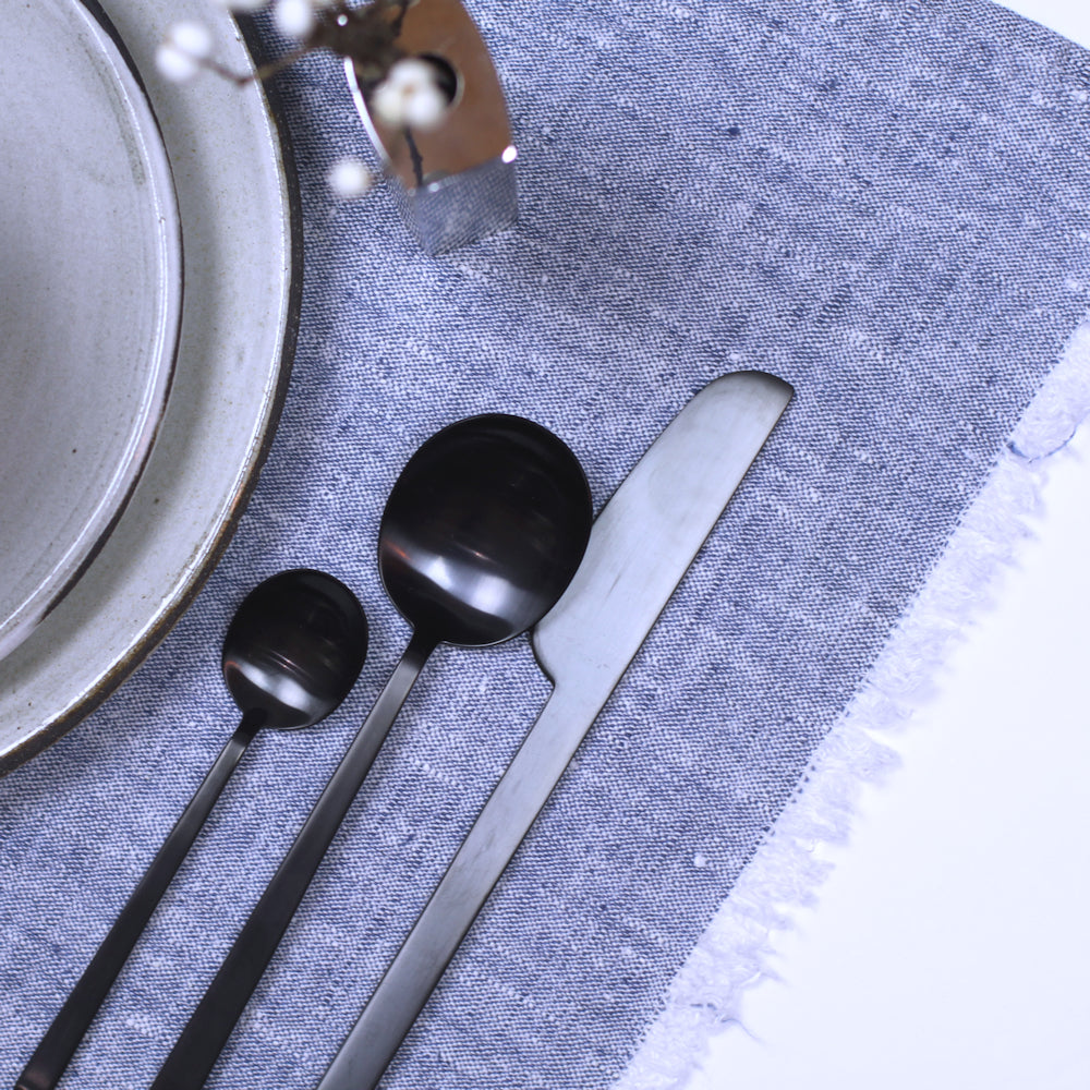 Linen Placemat - Stonewashed - Heather Blue with Frayed Edges - Luxury Thick Linen
