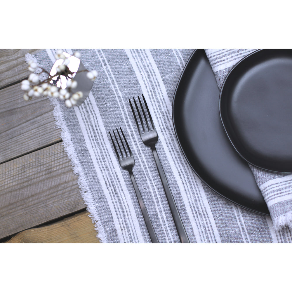 Linen Placemat - Stonewashed - Heather Grey with White Stripes and Frayed Edges - Luxury Thick Linen