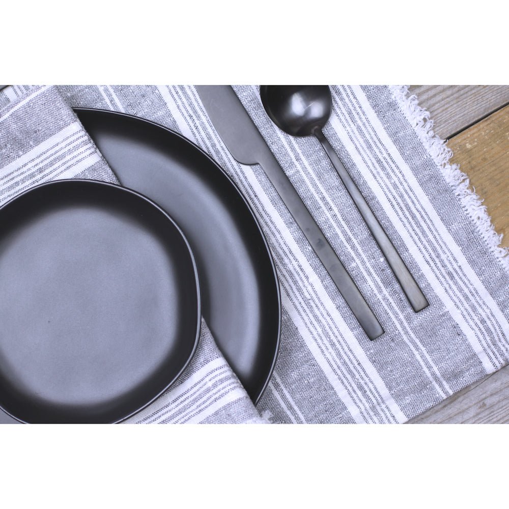 Linen Placemat - Stonewashed - Heather Grey with White Stripes and Frayed Edges - Luxury Thick Linen