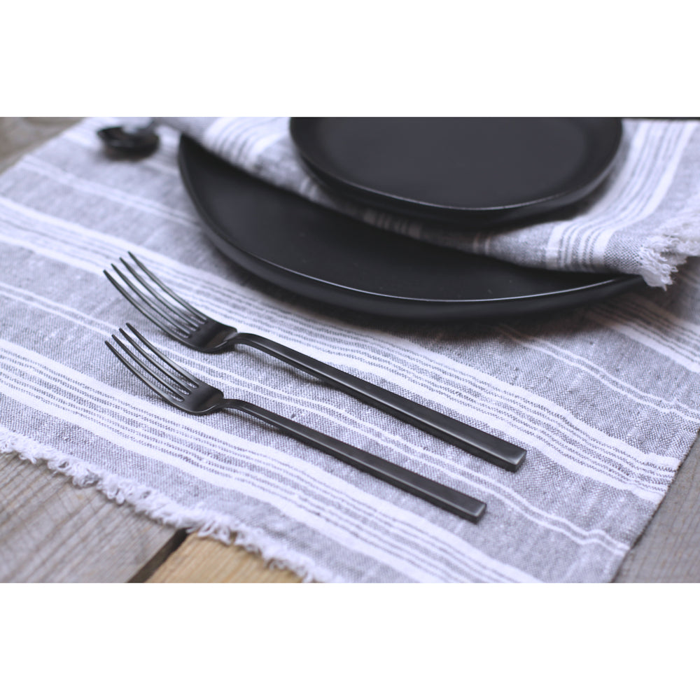 Linen Placemat - Stonewashed - Heather Grey with White Stripes and Frayed Edges - Luxury Thick Linen