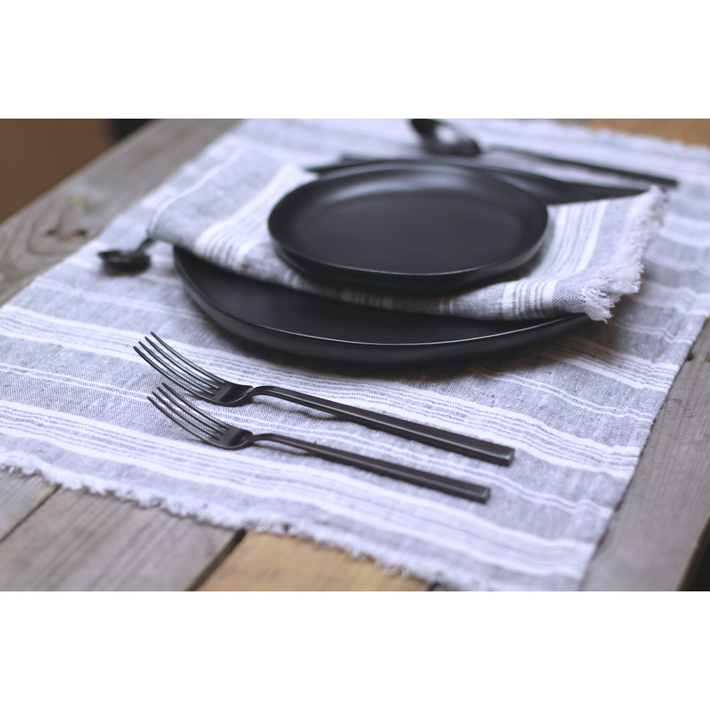 Linen Placemat - Stonewashed - Heather Grey with White Stripes and Frayed Edges - Luxury Thick Linen