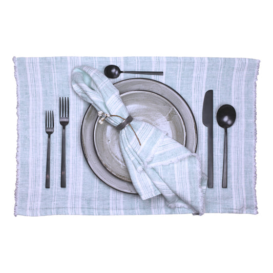 Linen Placemat - Stonewashed - Heather Light Green with White Stripes and Frayed Edges - Luxury Thick Linen