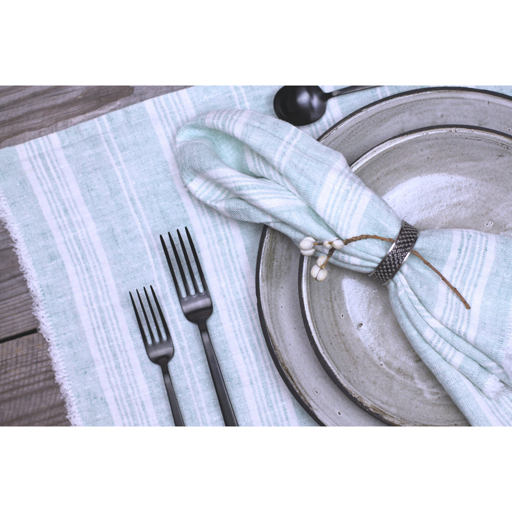 Linen Placemat - Stonewashed - Heather Light Green with White Stripes and Frayed Edges - Luxury Thick Linen