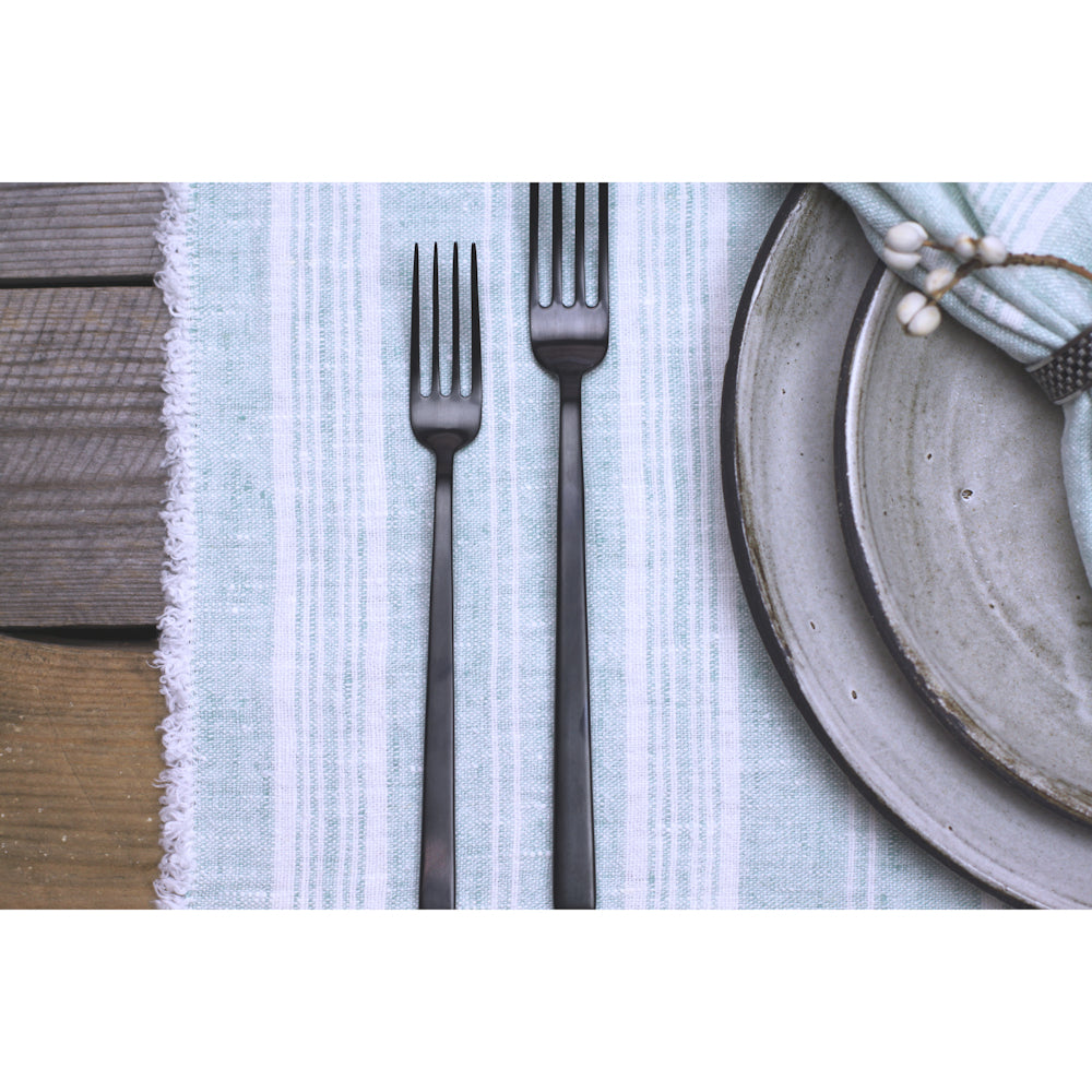 Linen Placemat - Stonewashed - Heather Light Green with White Stripes and Frayed Edges - Luxury Thick Linen