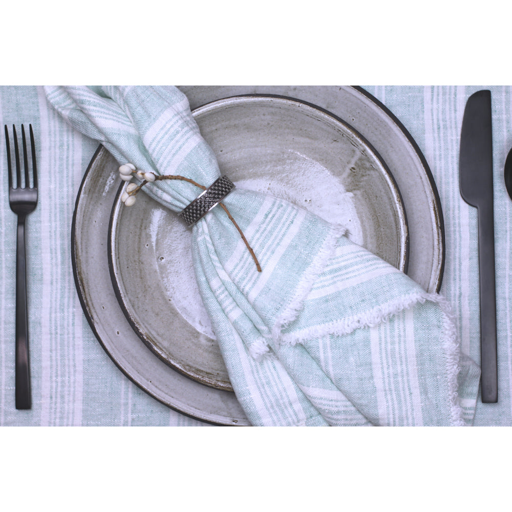 Linen Placemat - Stonewashed - Heather Light Green with White Stripes and Frayed Edges - Luxury Thick Linen