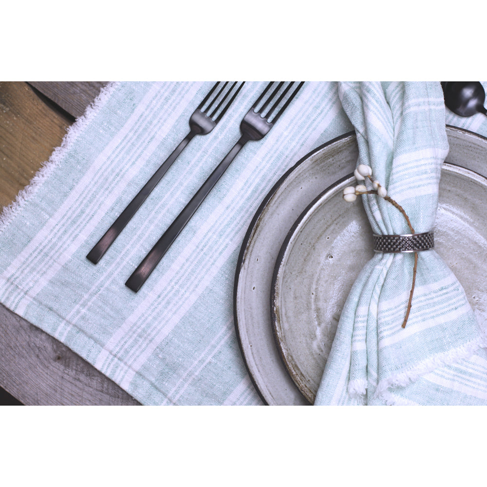 Linen Placemat - Stonewashed - Heather Light Green with White Stripes and Frayed Edges - Luxury Thick Linen