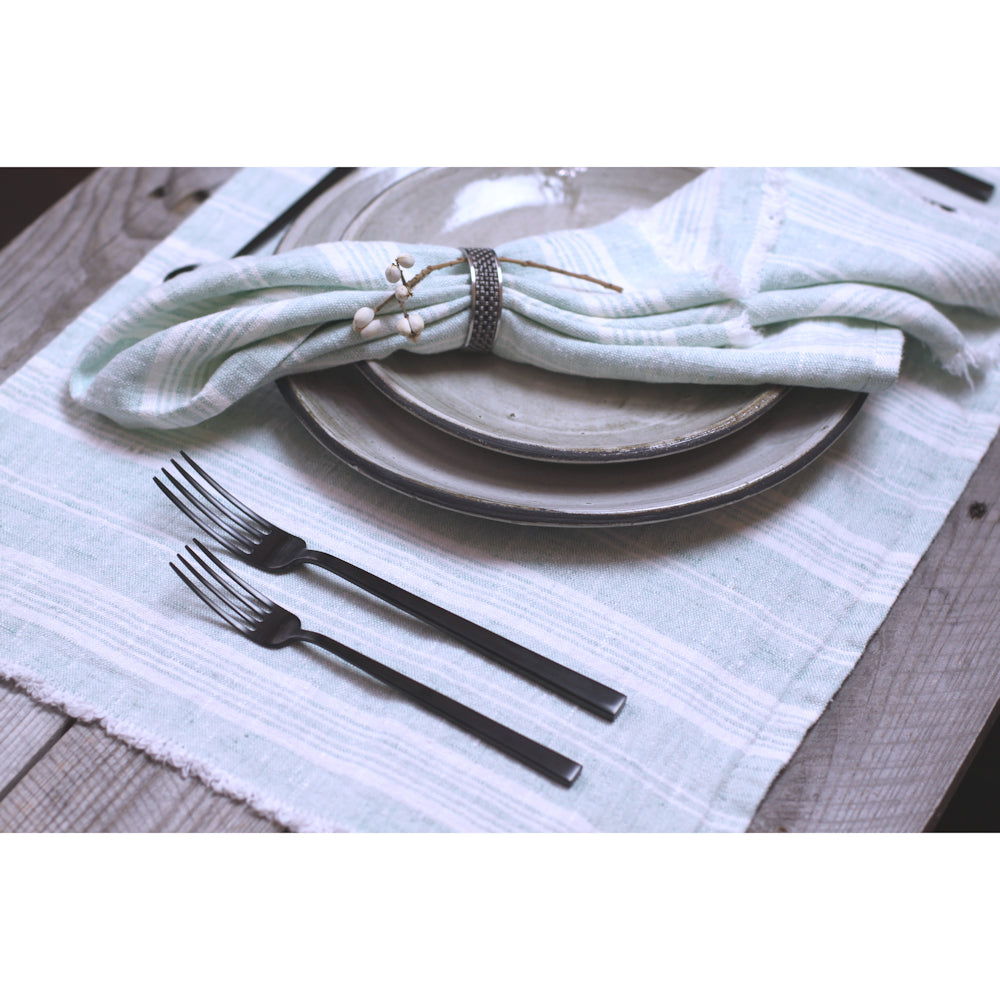 Linen Placemat - Stonewashed - Heather Light Green with White Stripes and Frayed Edges - Luxury Thick Linen