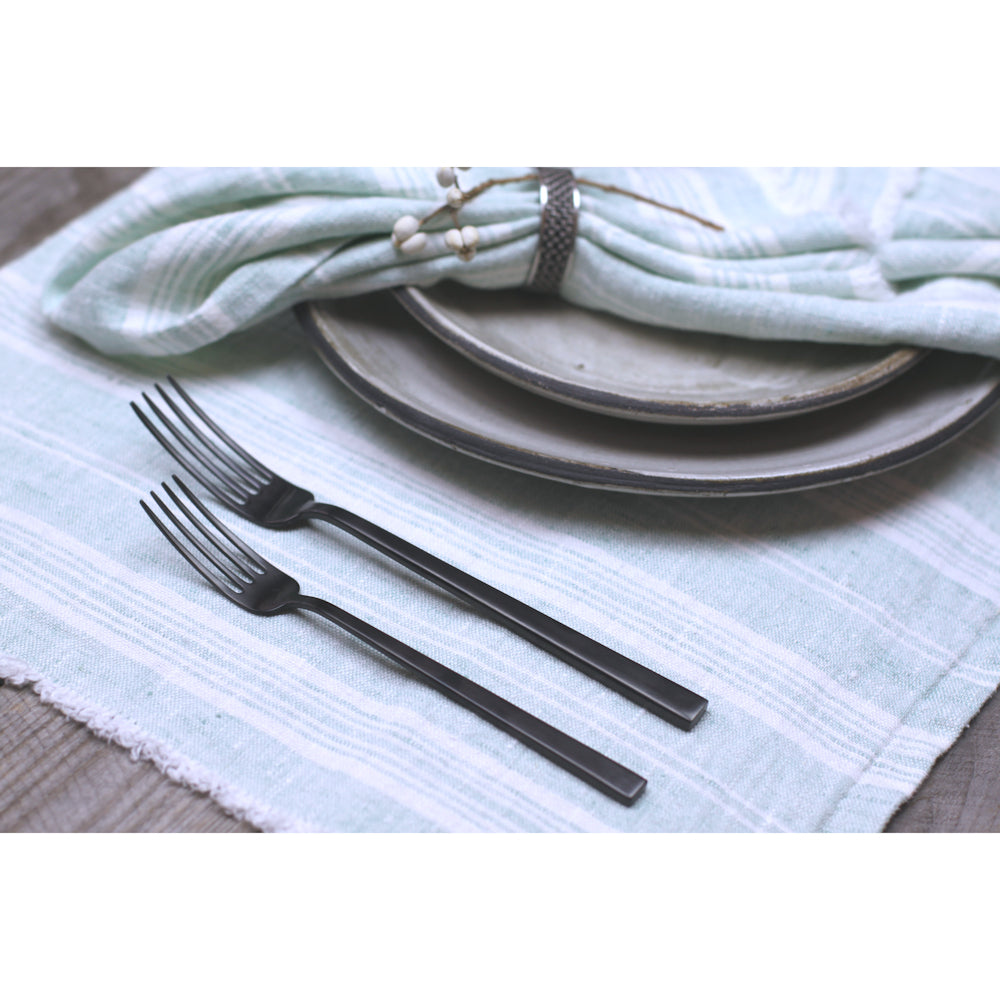 Linen Placemat - Stonewashed - Heather Light Green with White Stripes and Frayed Edges - Luxury Thick Linen