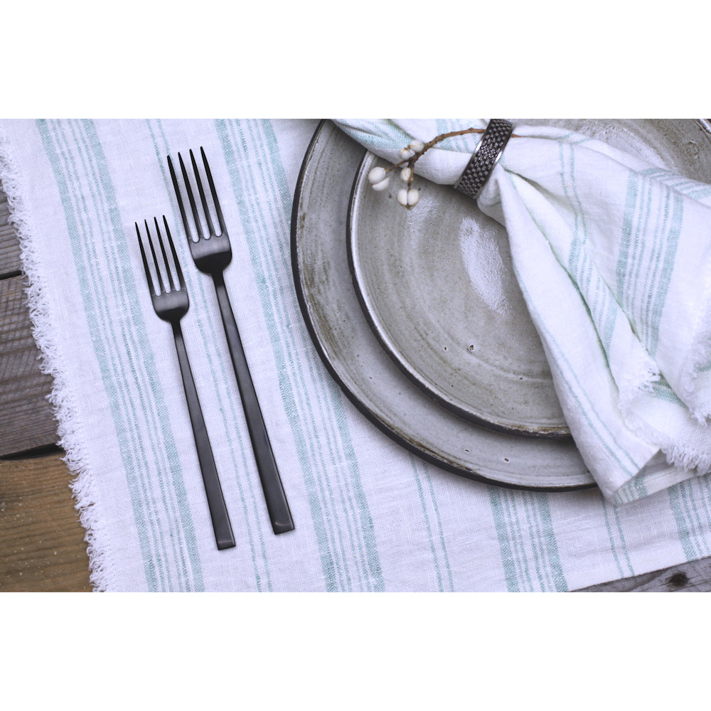 Linen Placemat - Stonewashed - White with Light Green Stripes and Frayed Edges - Luxury Thick Linen