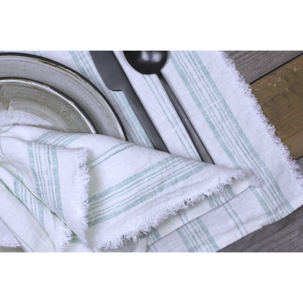 Linen Placemat - Stonewashed - White with Light Green Stripes and Frayed Edges - Luxury Thick Linen