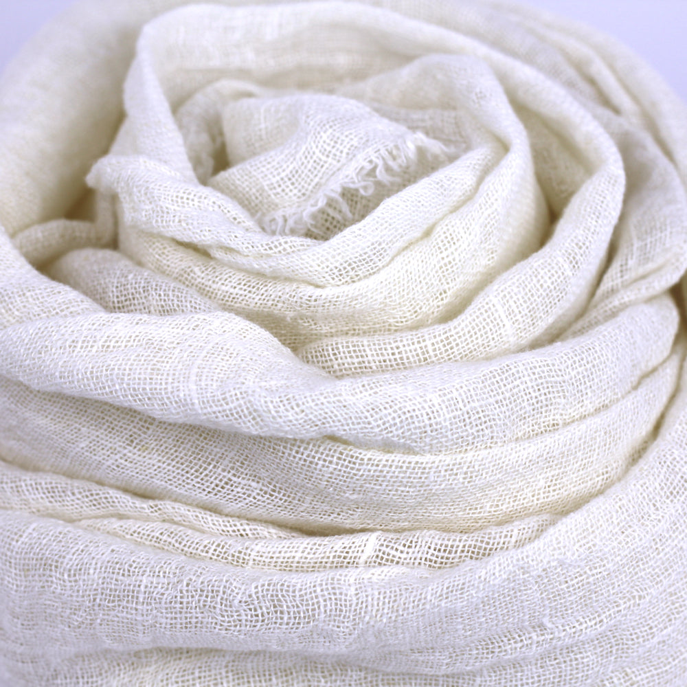 Linen Scarf - Stonewashed - Ivory - Loose Open Weave - Frayed Edges - Thin Linen
