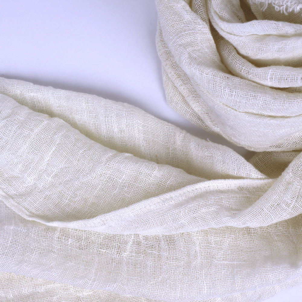 Linen Scarf - Stonewashed - Ivory - Loose Open Weave - Frayed Edges - Thin Linen