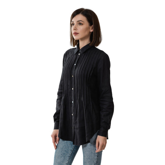 Linen Shirt - Black with Tucks - Stonewashed - Luxury Thin Linen