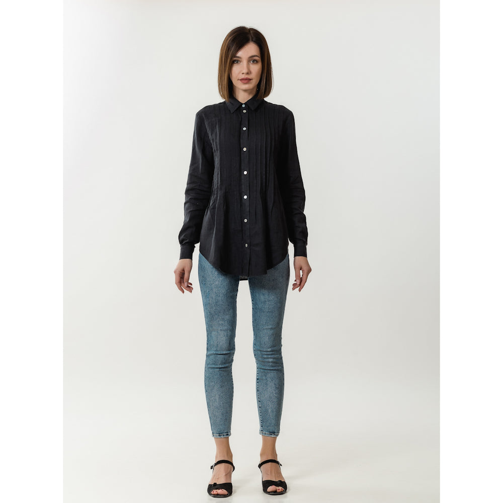 Linen Shirt - Black with Tucks - Stonewashed - Luxury Thin Linen