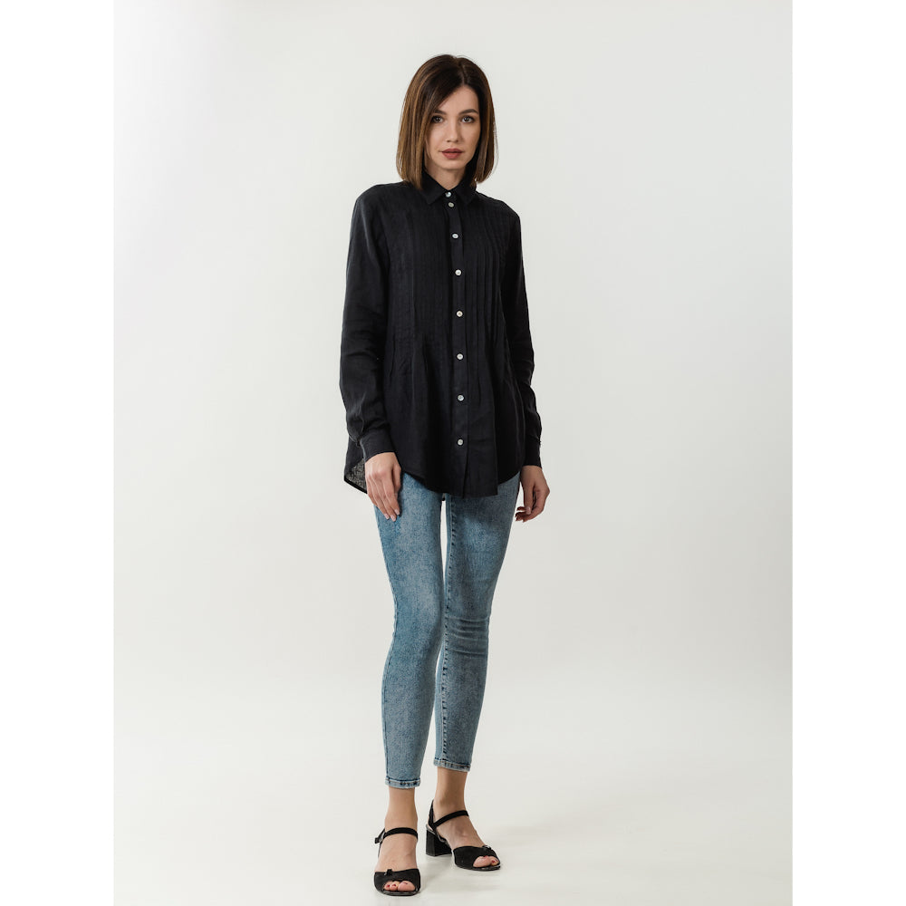 Linen Shirt - Black with Tucks - Stonewashed - Luxury Thin Linen