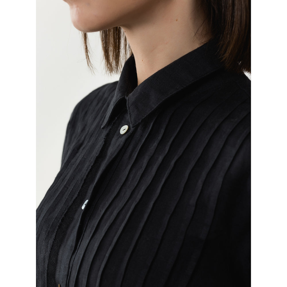 Linen Shirt - Black with Tucks - Stonewashed - Luxury Thin Linen