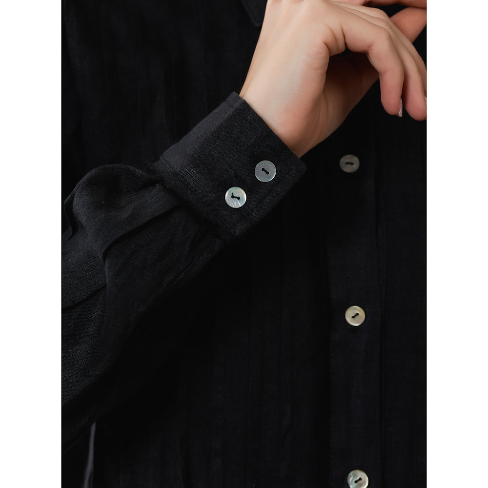 Linen Shirt - Black with Tucks - Stonewashed - Luxury Thin Linen